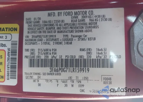 2020 Ford Fusion S z USA, uszkodzony, nr VIN 3FA6P0G71LR159919